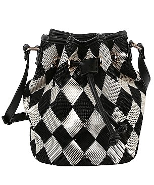 Mesh Check Printed Drawstring Bucket Crossbody Bag