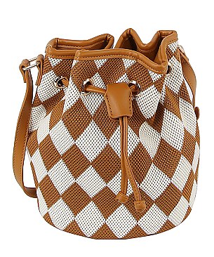 Mesh Check Printed Drawstring Bucket Crossbody Bag