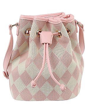 Mesh Check Printed Drawstring Bucket Crossbody Bag