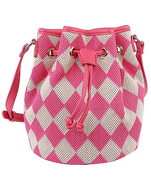 Mesh Check Printed Drawstring Bucket Crossbody Bag