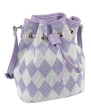 Mesh Check Printed Drawstring Bucket Crossbody Bag