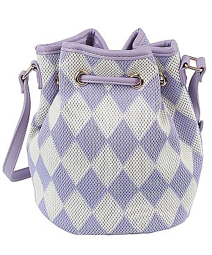 Mesh Check Printed Drawstring Bucket Crossbody Bag