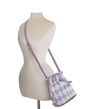 Mesh Check Printed Drawstring Bucket Crossbody Bag