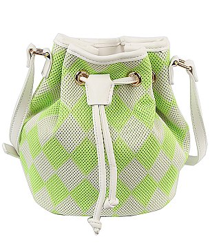 Mesh Check Printed Drawstring Bucket Crossbody Bag