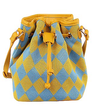 Mesh Check Printed Drawstring Bucket Crossbody Bag