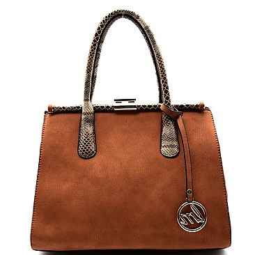 Snake Print Trim Frame-top A-Shape Satchel Bag