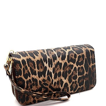 Double Zip-Around Leopard Print Wristlet Wallet