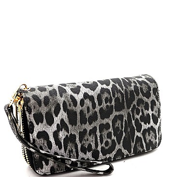Double Zip-Around Leopard Print Wristlet Wallet