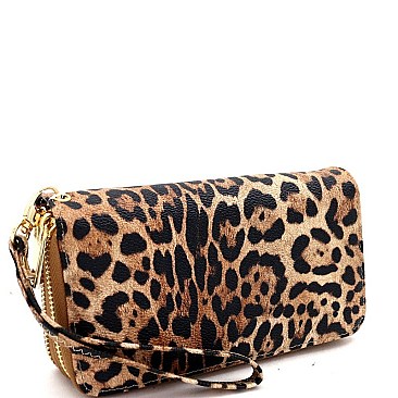 Double Zip-Around Leopard Print Wristlet Wallet