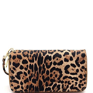 Double Zip-Around Leopard Print Wristlet Wallet