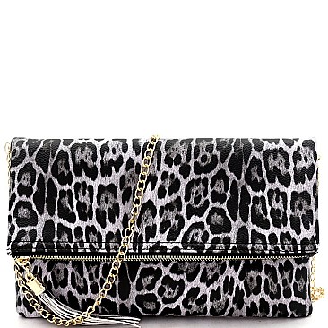 Fold-Over Tassel Accent Leopard Print Clutch Shoulder Bag