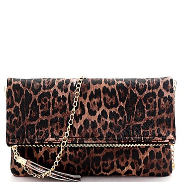 Fold-Over Tassel Accent Leopard Print Clutch Shoulder Bag