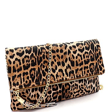 Fold-Over Tassel Accent Leopard Print Clutch Shoulder Bag