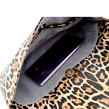 Fold-Over Tassel Accent Leopard Print Clutch Shoulder Bag