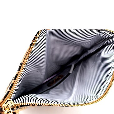 Fold-Over Tassel Accent Leopard Print Clutch Shoulder Bag