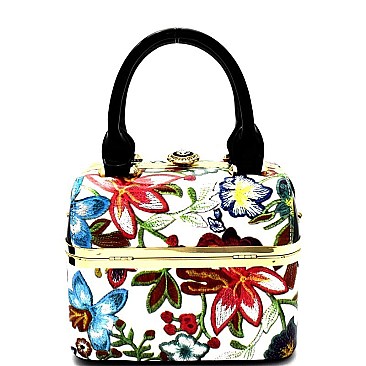 LE64300-LP Flower Embroidery Print Patent Medium Boxy Satchel