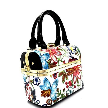 LE64300-LP Flower Embroidery Print Patent Medium Boxy Satchel