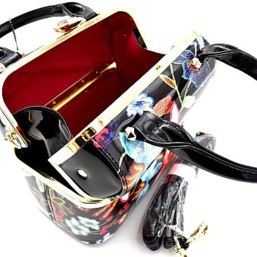 LE64300-LP Flower Embroidery Print Patent Medium Boxy Satchel