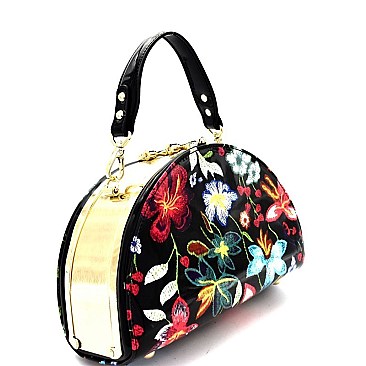 LE6431-LP Flower Embroidery Print Patent Medium Round Satchel