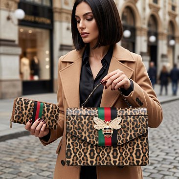 Queen Bee Stripe Leopard Satchel Set 