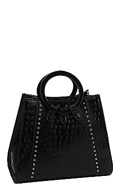 CROCO SKIN PATTERN STUDDED SATCHEL WITH LONG STRAP