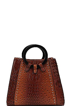 CROCO SKIN PATTERN STUDDED SATCHEL WITH LONG STRAP