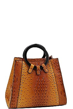 CROCO SKIN PATTERN STUDDED SATCHEL WITH LONG STRAP
