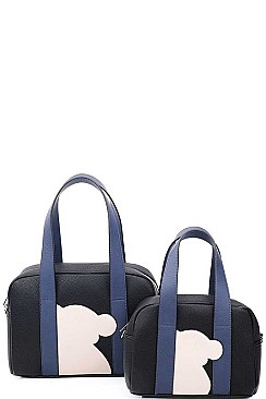2 IN 1 BEAR PATCH BOSTON BAG SET WITH LONG STRAP
