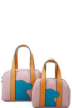 2 IN 1 BEAR PATCH BOSTON BAG SET WITH LONG STRAP