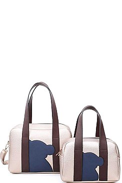 2 IN 1 BEAR PATCH BOSTON BAG SET WITH LONG STRAP