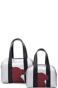 2 IN 1 BEAR PATCH BOSTON BAG SET WITH LONG STRAP
