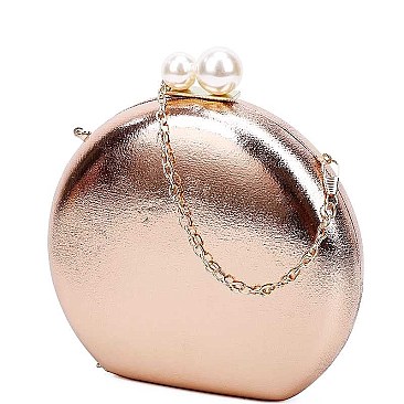 CUTE STRUCTURED DOUBLE PEARL CIRCLE CLUTCH WITH CHAIN