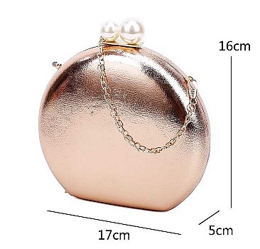 CUTE STRUCTURED DOUBLE PEARL CIRCLE CLUTCH WITH CHAIN