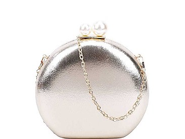 CUTE STRUCTURED DOUBLE PEARL CIRCLE CLUTCH WITH CHAIN