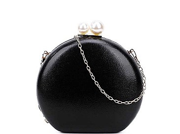 CUTE STRUCTURED DOUBLE PEARL CIRCLE CLUTCH WITH CHAIN