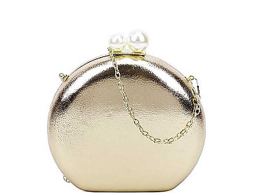CUTE STRUCTURED DOUBLE PEARL CIRCLE CLUTCH WITH CHAIN