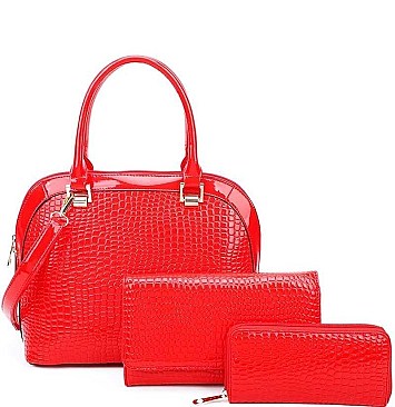 3 IN 1 ANIMAL SKIN TEXTURED SATCHEL CLUTCH AND WALLET SET