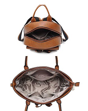 3IN1 FASHION BOW TIE SMOOTH TEXTURED SHOPPER BAG WITH BACKPACK AND CLUTCH SET