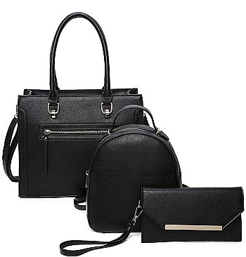3 IN 1 SMOOTH LEATHER ZIPPER TOTE BAG BACKPACK AND CLUTCH SET