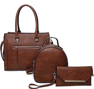 3 IN 1 SMOOTH LEATHER ZIPPER TOTE BAG BACKPACK AND CLUTCH SET
