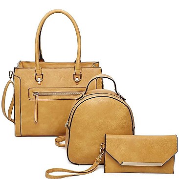 3 IN 1 SMOOTH LEATHER ZIPPER TOTE BAG BACKPACK AND CLUTCH SET