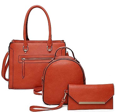 3 IN 1 SMOOTH LEATHER ZIPPER TOTE BAG BACKPACK AND CLUTCH SET