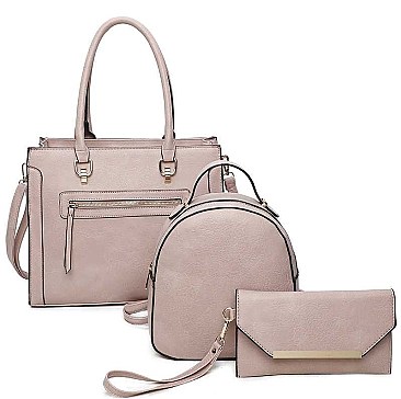 3 IN 1 SMOOTH LEATHER ZIPPER TOTE BAG BACKPACK AND CLUTCH SET