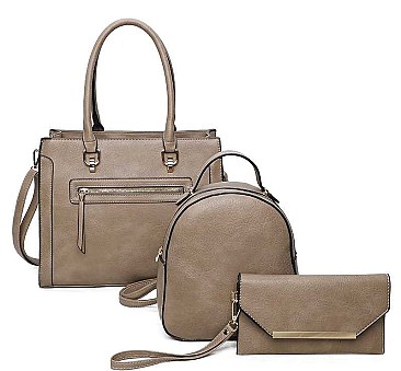 3 IN 1 SMOOTH LEATHER ZIPPER TOTE BAG BACKPACK AND CLUTCH SET