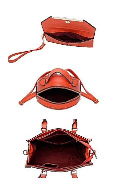 3 IN 1 SMOOTH LEATHER ZIPPER TOTE BAG BACKPACK AND CLUTCH SET