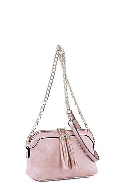DOUBLE TASSEL LONG CHAIN CROSS BODY BAG