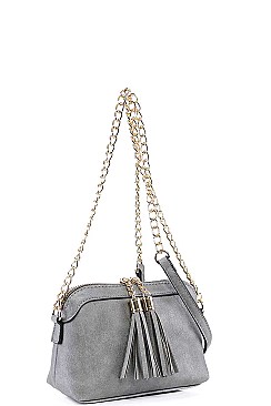 DOUBLE TASSEL LONG CHAIN CROSS BODY BAG