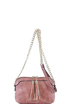DOUBLE TASSEL LONG CHAIN CROSS BODY BAG