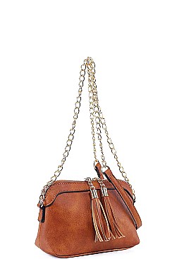 DOUBLE TASSEL LONG CHAIN CROSS BODY BAG