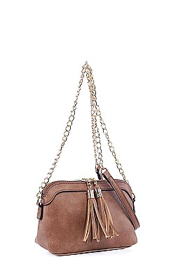 DOUBLE TASSEL LONG CHAIN CROSS BODY BAG